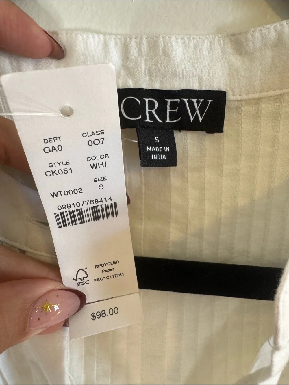 J.Crew White Cotton Pintuck Lace Trim Blouse Top Size S NWT